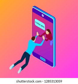 Young couple communicate on smartphone, isometric. The girl sends a message to her boyfriend using a smartphone.