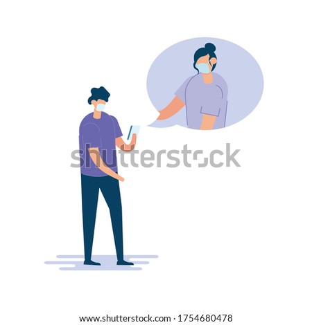 Young couple communicating by smartphone and wearing medical mask to against covid-19. This man imagine the woman with thought bubble. Concept of social media and corona virus.