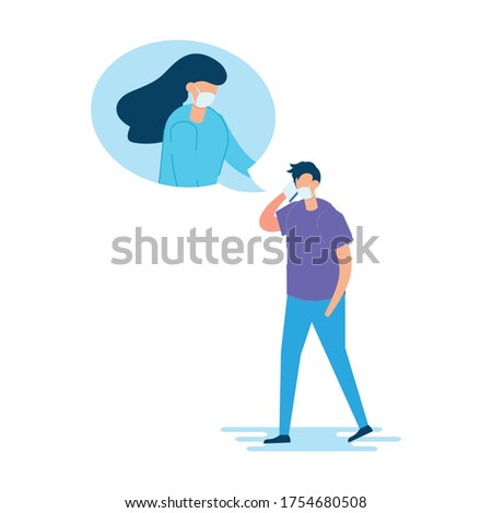 Young couple communicating by smartphone and wearing medical mask to against covid-19. This man imagine the woman with thought bubble. Concept of social media and corona virus.