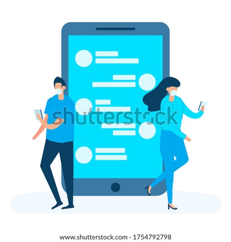 Young couple communicating by smartphone and wearing medical mask to against covid-19. Concept of social media and corona virus.