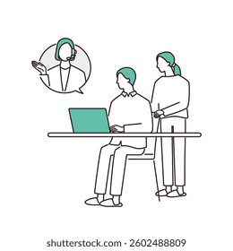 young couple consulting online. Female customer support operator guiding.