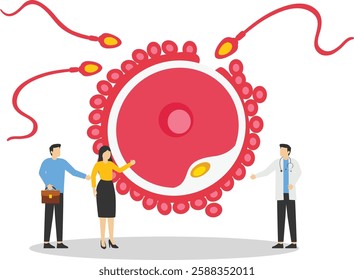 Young couple consulting reproductive doctor, ovum fertilization infographics. For parenthood, pregnancy and fertility topics. Human reproduction and family planning.

