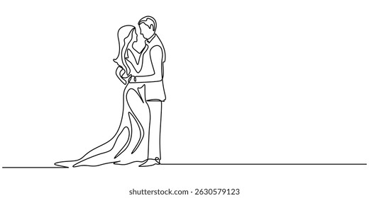 Young Couple Continuous Line Icon, Minimalist line drawing of couple with in love, continuous one line art style, relationship concept, Elegant couple wearing dress very attractive, Romantic couple.
