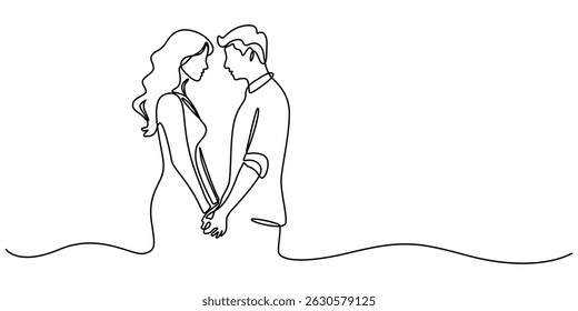 Young Couple Continuous Line Icon, Minimalist line drawing of couple with in love, continuous one line art style, relationship concept, Elegant couple wearing dress very attractive, Romantic couple.