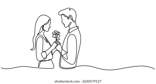 Young Couple Continuous Line Icon, Minimalist line drawing of couple with in love, continuous one line art style, relationship concept, Elegant couple wearing dress very attractive, Romantic couple.
