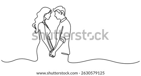 Young Couple Continuous Line Icon, Minimalist line drawing of couple with in love, continuous one line art style, relationship concept, Elegant couple wearing dress very attractive, Romantic couple.