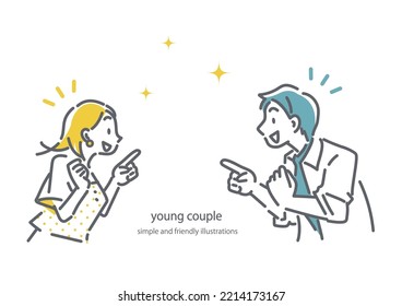 young couple conversation, with pointing finger, outline illustrations