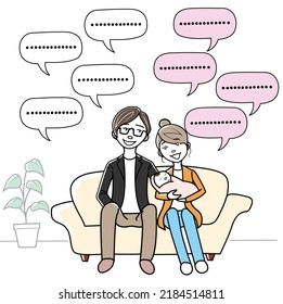 A young couple conversing on a sofa