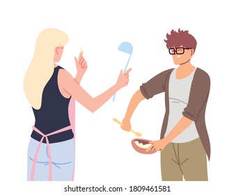 cocina de pareja joven con utensilios de plancha y cocina diseño de ilustraciones vectoriales