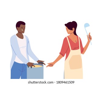young couple cooking with apron, a pot and kitchen utensils vector illustration design