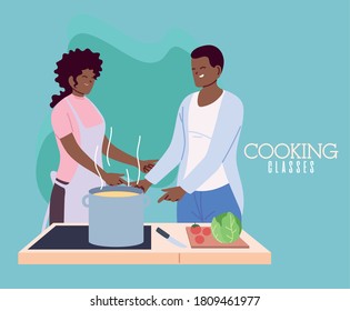 young couple cooking with apron, a pot, and kitchen utensils vector illustration design