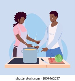 young couple cooking with apron, a pot, and kitchen utensils vector illustration design