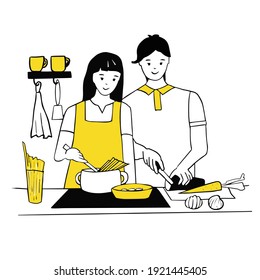 Young couple cooking together in the kitchen. Woman cooks spaghetti for pasta, man chops vegetables. Love and relationships, household chores together. Line art, vector illustration.