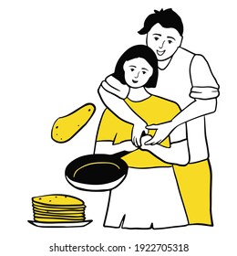 Young couple cooking together in the kitchen. Man and woman bake blinis and pancakes. Love and relationships, working together around the house. Line art, vector illustration.