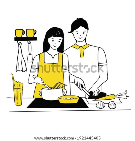 Young couple cooking together in the kitchen. Woman cooks spaghetti for pasta, man chops vegetables. Love and relationships, household chores together. Line art, vector illustration.