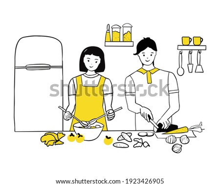 Young couple cooking together in the kitchen. Woman stirring salad, man chopping vegetables. Love and relationships, household chores together. Line art, vector illustration