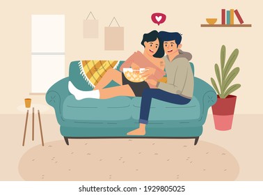 Young couple cuddling in sofa, illustration concept.