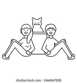 young couple with cute cat mascot