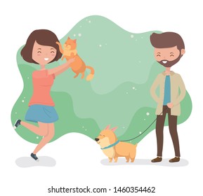 young couple with cute little dog and cat mascots