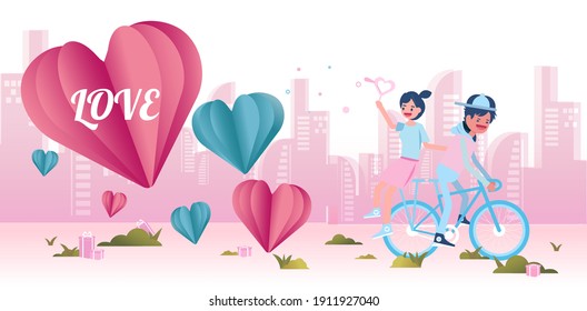 Young couple cycling happy together on pink paper abstract background with balloons heart and city view design for valentine's day festival .Vector illustration.paper craft style.