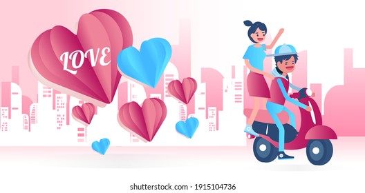 Young couple cycling happy together on pink paper abstract background with balloons heart and city view design for valentine's day festival .Vector illustration.paper craft style.