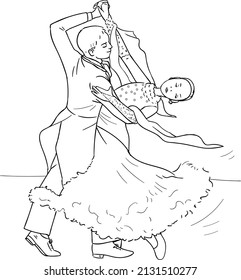 Young couple dance slow waltz in ballroom. Coloring pages.