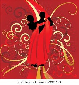 young couple dancers cool on red backdrop wedding vector