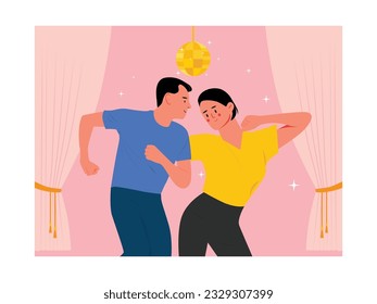 A young couple dances under the bright disco lights happily, enjoying youth with a nighttime city lifestyle. Design art. Vector flat illustration