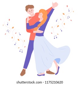 A Young Couple Is Dancing. Around The Autumn Leaves And Notes. Circling, Fall Jazz. Bright Illustration On A White Background. The Guy And The Girl Are Having Fun In The Evening.