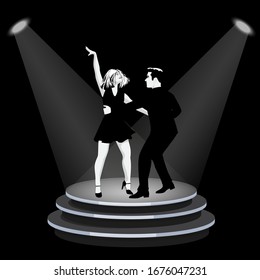 Una pareja joven bailando bachata o salsa latina en el podio. Danza social sensual.