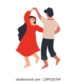 Young couple dancing barefoot. Lovers boyfriend and girlfriend. Cartoon characters isolated on white background. Vector illustration in the style of hand-drawn flat