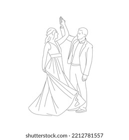 young couple dancing beautiful classical dance, line art