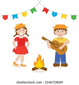 Young couple dancing in the brazilian June Festival - St John's Party  - vector illustration