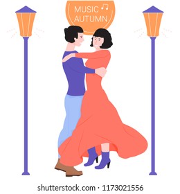 Young couple is dancing in a dance. Lights are shining nearby. Autumn evening, nice melody. Brunette girl, developing a dress, around autumn leaves. Illustration for festivals or dance courses.