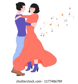 Young couple is dancing in a dance. Tango or waltz. Autumn evening, nice melody. Brunette girl, developing a dress, around autumn leaves. Illustration for festivals or dance courses.