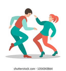 A young couple dancing in a disco. Man and woman in bright clothes in dynamic mobile poses. Flat style, vector illustration.

