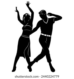 Pareja joven que baila la silueta del disco. Las figuras son los objetos separados. Vector clipart aislado en blanco.