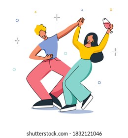 Young couple dancing. Girl holding glass of wine dancing with a young man. Cute cartoon flat character style, colorful vector illustration