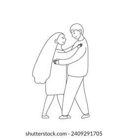 Icono de baile de pareja joven. Figuras de mujeres y hombres juntos al estilo de doodle dibujado a mano. Esbozo contorno simple ilustración vectorial. Concepto de amor y amistad.