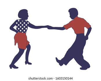 Young Couple Dancing Jazz Swing Isolated On White Background.Clothes Print Polka Dots.Vintage Vector Style 1950s,1960s. Realistic, Stylistic Characters. Rockabilly,charleston, Lindy Hop,boogie Woogie.