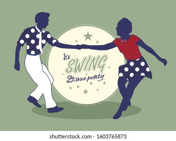 Young couple dancing jazz swing. Horizontal template with text Dance party. Vintage vector style 1930s, 1940s,1950s. Realistic, stylistic characters. Rockabilly, charleston. Elegant silhouette humans.