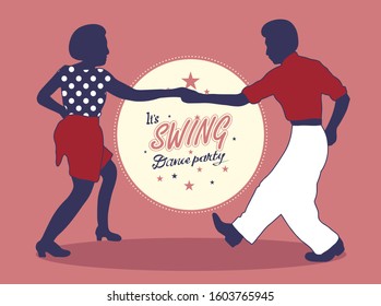 Young Couple Dancing Jazz Swing. Horizontal Template With Text Dance Party. Vintage Vector Style 1930s, 1940s,1950s. Realistic,stylistic Characters. Rockabilly, Charleston, Lindy Hop Or Boogie Woogie.