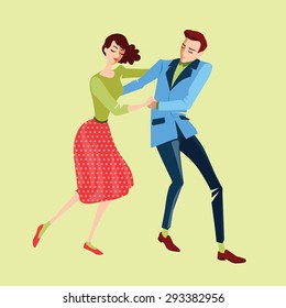 Young couple dancing lindy hop on a yellow background, vector illustration in a flat style