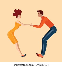 Young couple dancing lindy hop on a beige background, vector illustration in a flat style