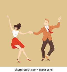 Young couple dancing lindy hop, vector illustration in cartoon style