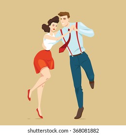 Young couple dancing lindy hop, vector illustration in retro style 