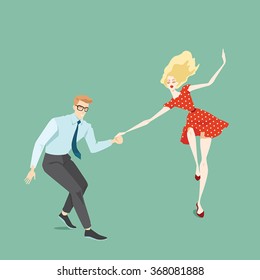 Young couple dancing lindy hop, vector illustration 