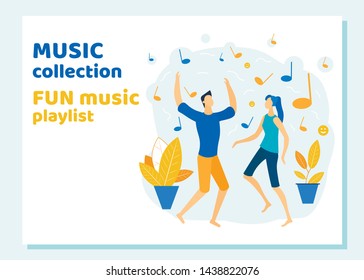 Young Couple Dancing and Listening Fun Music Playlist Collection. Disco Party. Man and Woman Celebrating, Spending Time Together Moving to Music Rhythm Leisure Cartoon Flat Vector Illustration, Banner