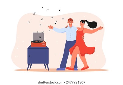 Young couple dancing. Man and woman dancing next to gramophone with record. Love and romance. Pair spending time together. Entertainment and leisure. Cartoon flat vector illustration