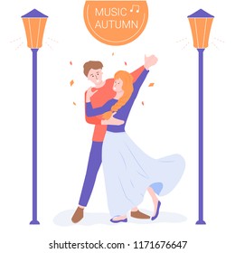 A young couple is dancing. on the street in the light of street lamps. Around the autumn leaves and notes. Circling, autumn jazz. Bright illustration on a white background. 